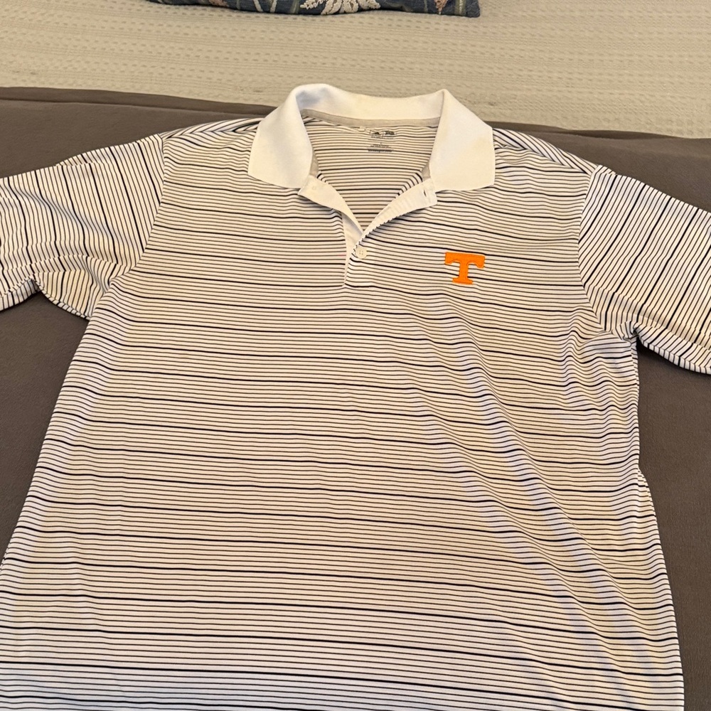 adidas White Polo with Navy Stripes and Orange 'T' Logo